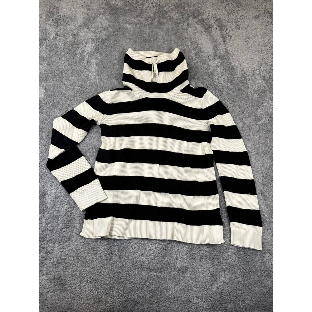 Lauren Ralph Lauren Striped Cowl Neck Cotton Knit Sweater Black Cream Size M